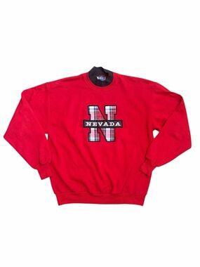 Vintage Nevada Plaid 'N' Red Embroidered Crewneck Sweater - Large